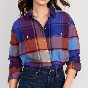 Old Navy Loose Flannel Boyfriend Flannel Plaid Shirt Blue and Orange XL TALL
